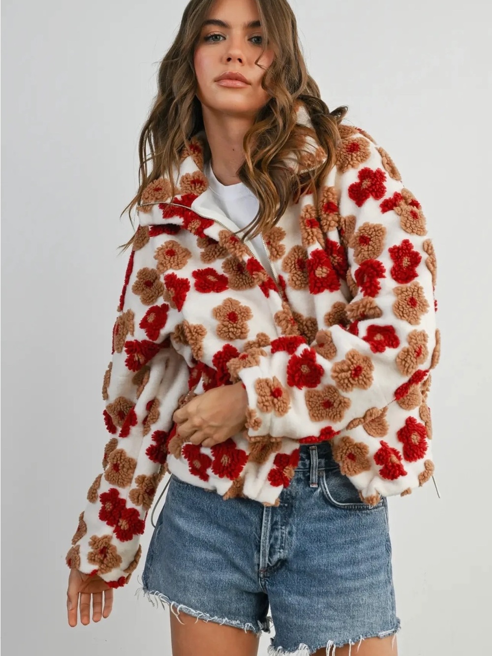 Vici White Sherpa Zip Jacket with Red & Brown Floral Pattern